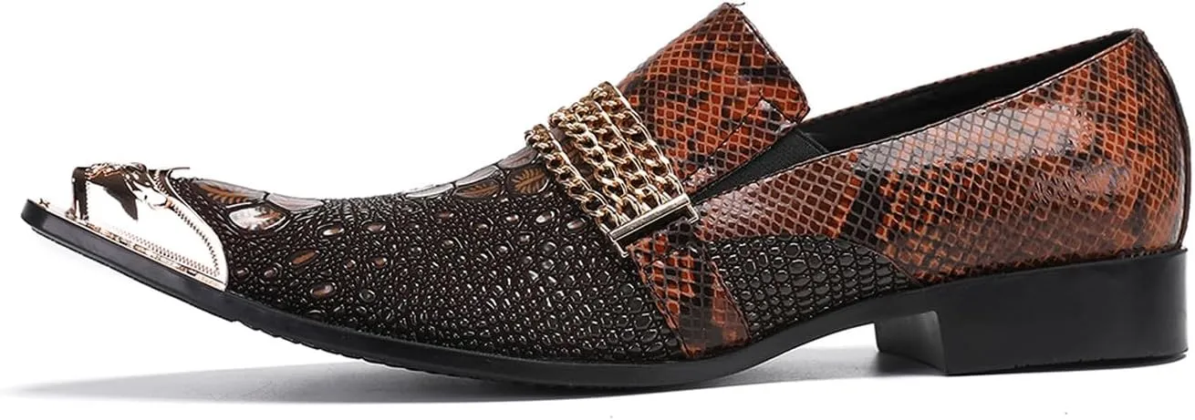 Santimon Men's Dress Loafers, Leather Slip-On Gold Chain Sparkling Shoes for Men -Party Disco Wedding Metallic Tip Smoking Slippers