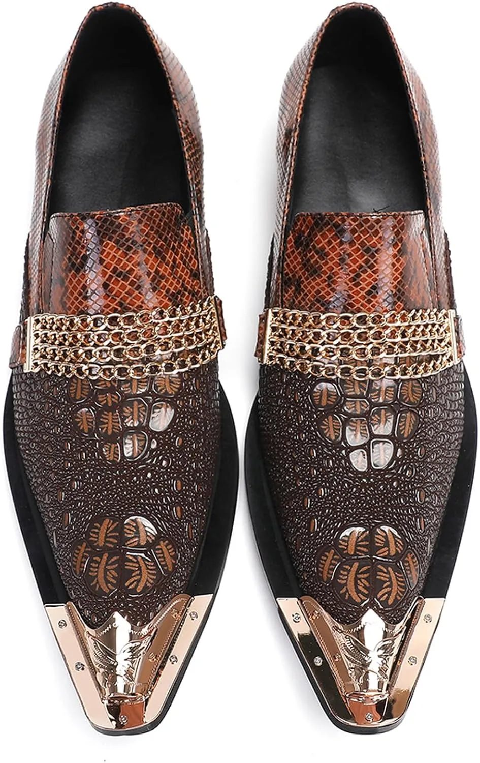 Santimon Men's Dress Loafers, Leather Slip-On Gold Chain Sparkling Shoes for Men -Party Disco Wedding Metallic Tip Smoking Slippers