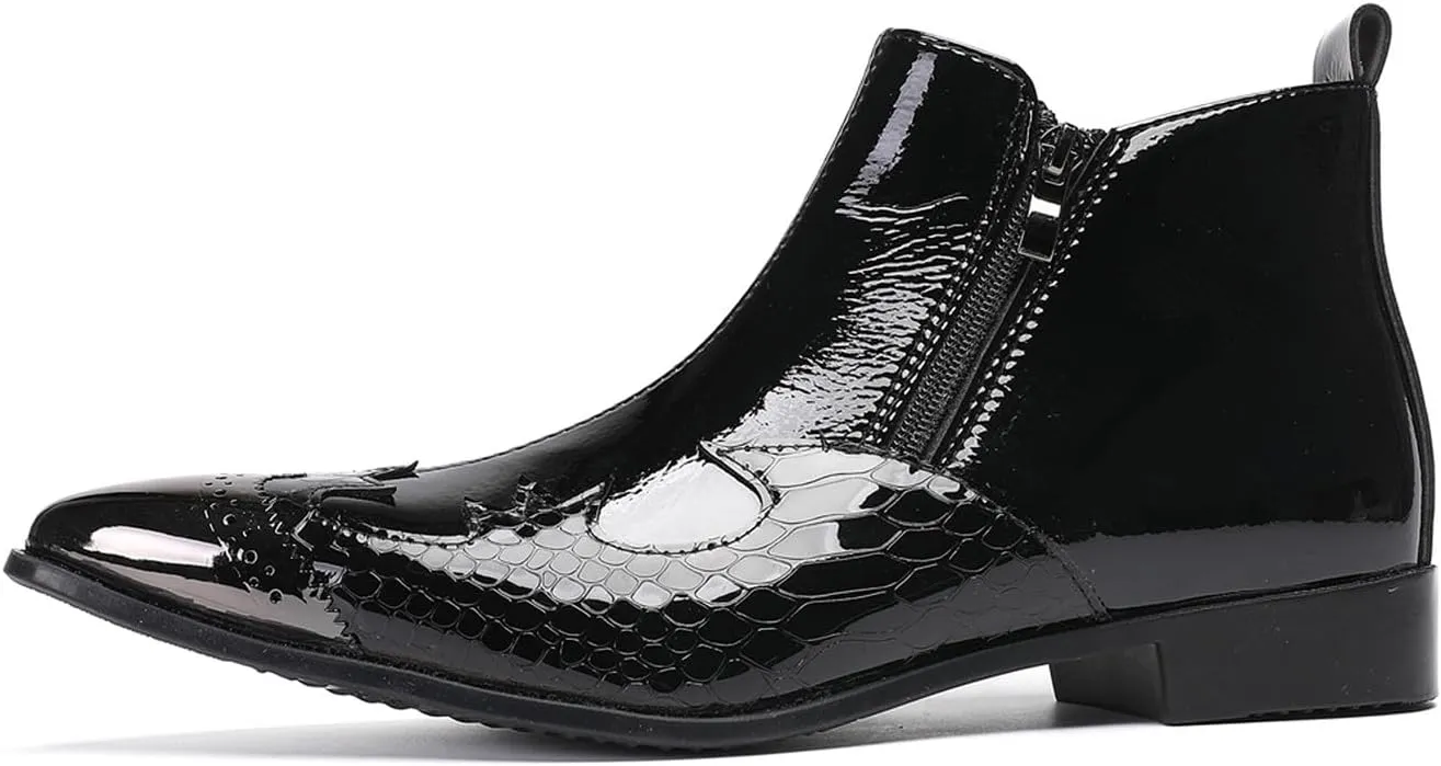 Santimon Men’s Fashion Chelsea Boots with Double Zipper – Pointed Toe Casual Dress Cowboy Boots with Glossy Patent Leather, Textured Design – Stylish Party, Stage, Club Ankle Boots for Men