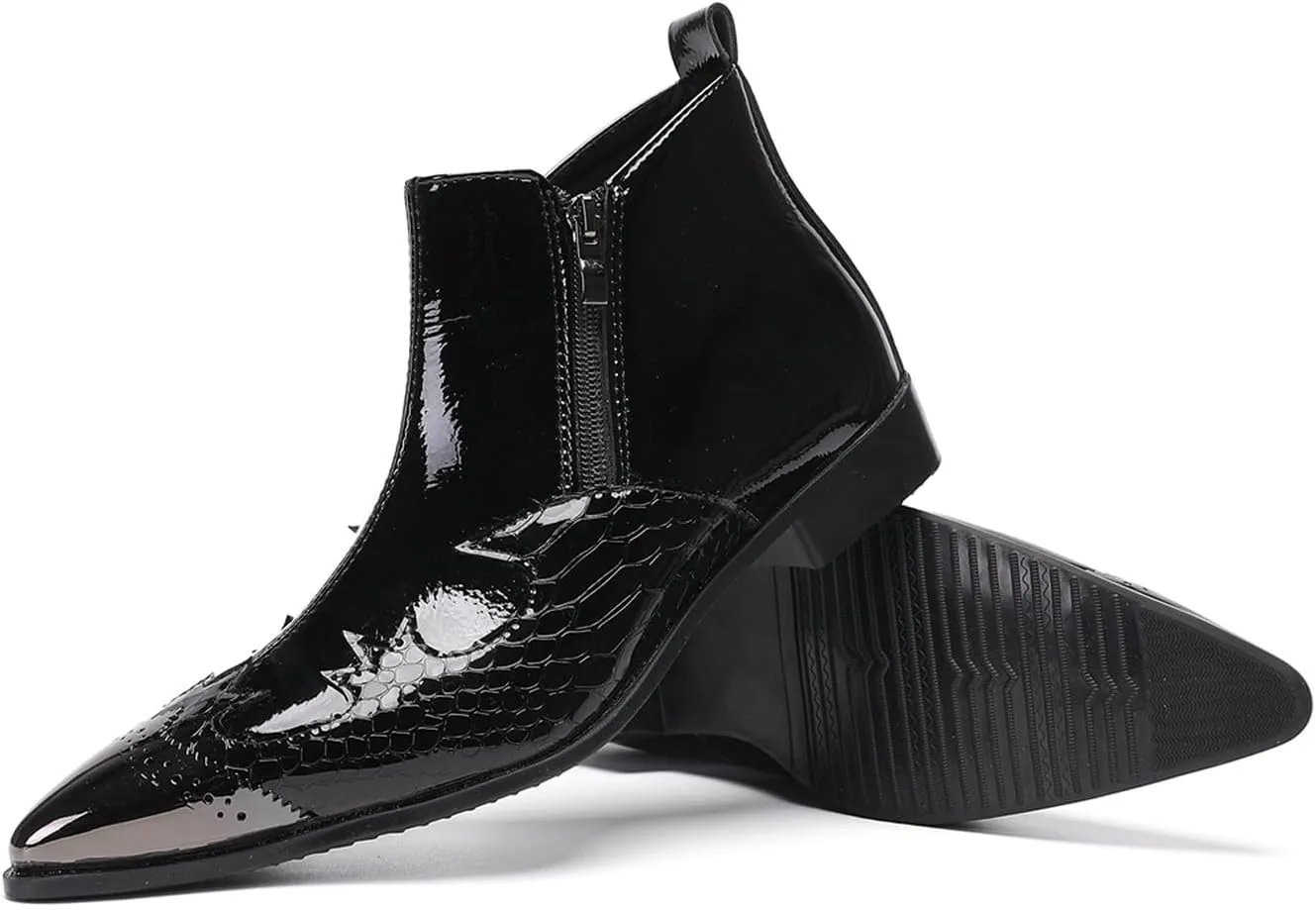 Santimon Men’s Fashion Chelsea Boots with Double Zipper – Pointed Toe Casual Dress Cowboy Boots with Glossy Patent Leather, Textured Design – Stylish Party, Stage, Club Ankle Boots for Men