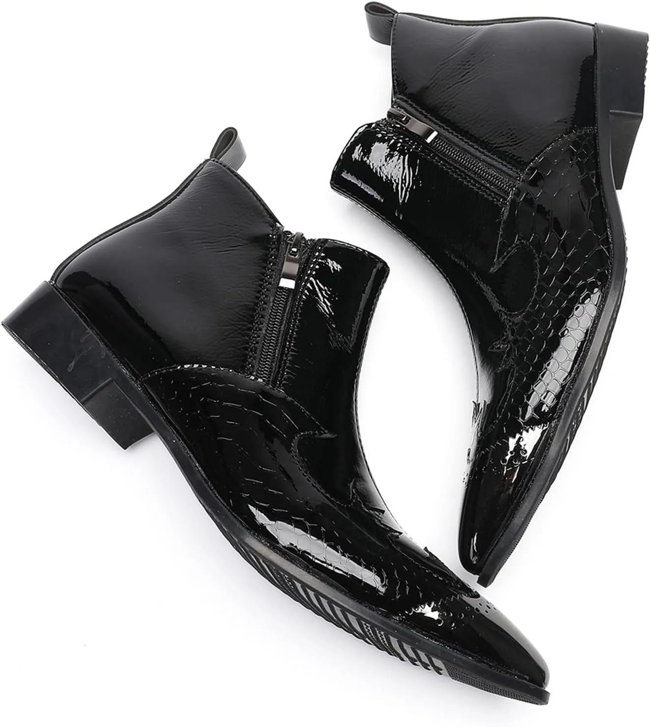 Santimon Men’s Fashion Chelsea Boots with Double Zipper – Pointed Toe Casual Dress Cowboy Boots with Glossy Patent Leather, Textured Design – Stylish Party, Stage, Club Ankle Boots for Men