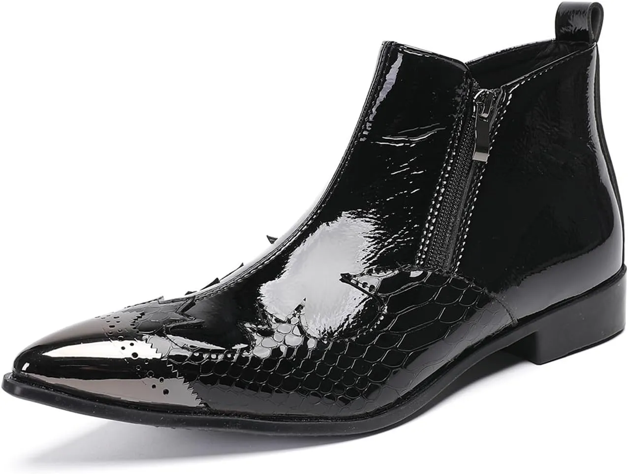 Santimon Men’s Fashion Chelsea Boots with Double Zipper – Pointed Toe Casual Dress Cowboy Boots with Glossy Patent Leather, Textured Design – Stylish Party, Stage, Club Ankle Boots for Men