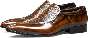 Santimon Mens Leather Slip-On Loafers | Pointed Toe Crocodile Texture Business Casual Dress Shoes| Breathable Comfort Office Penny Loafers