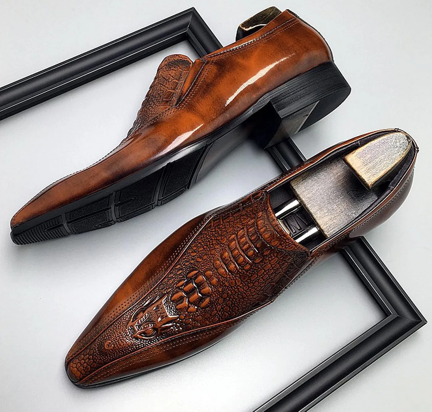 Santimon Mens Leather Slip-On Loafers | Pointed Toe Crocodile Texture Business Casual Dress Shoes| Breathable Comfort Office Penny Loafers
