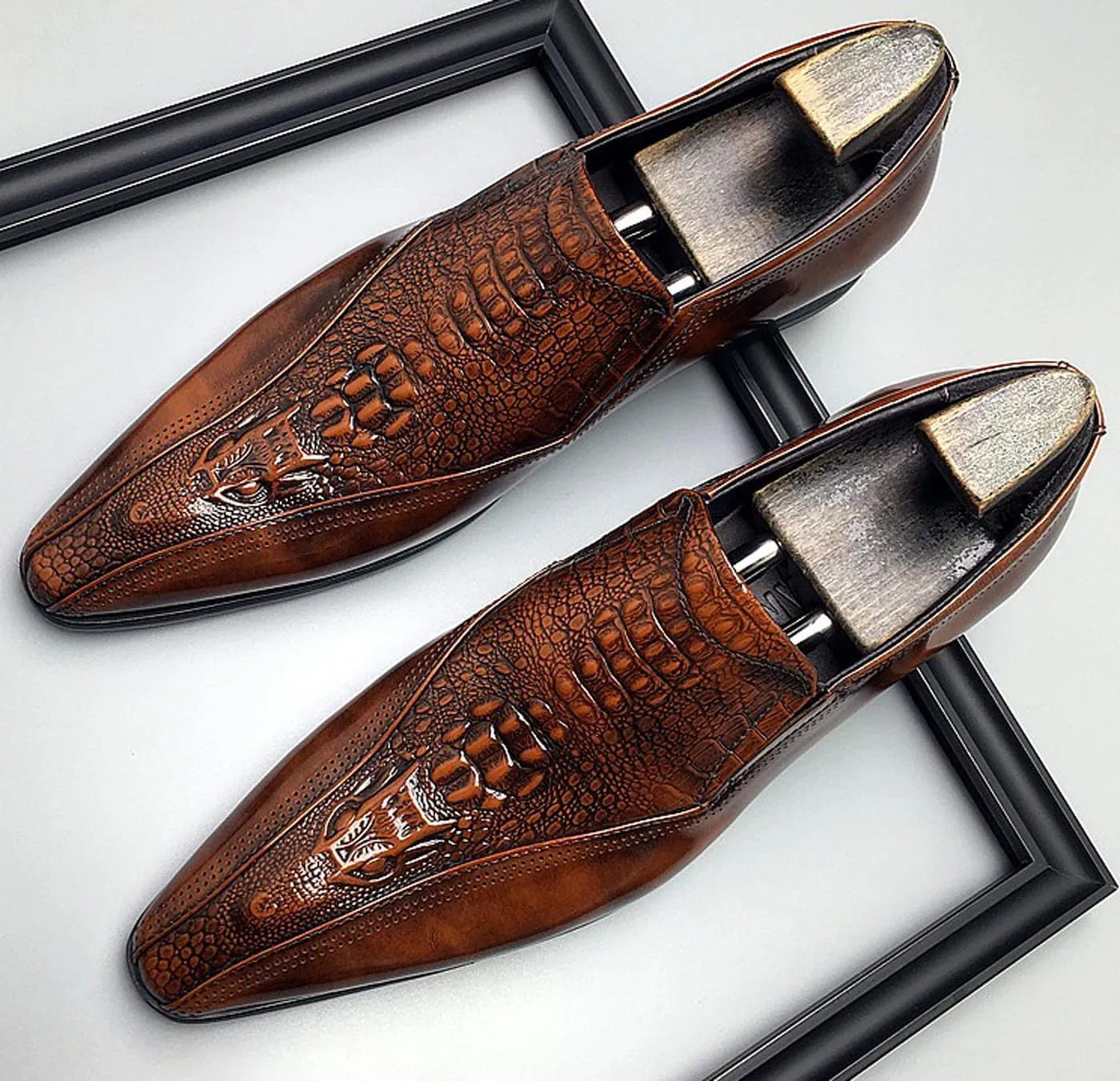 Santimon Mens Leather Slip-On Loafers | Pointed Toe Crocodile Texture Business Casual Dress Shoes| Breathable Comfort Office Penny Loafers