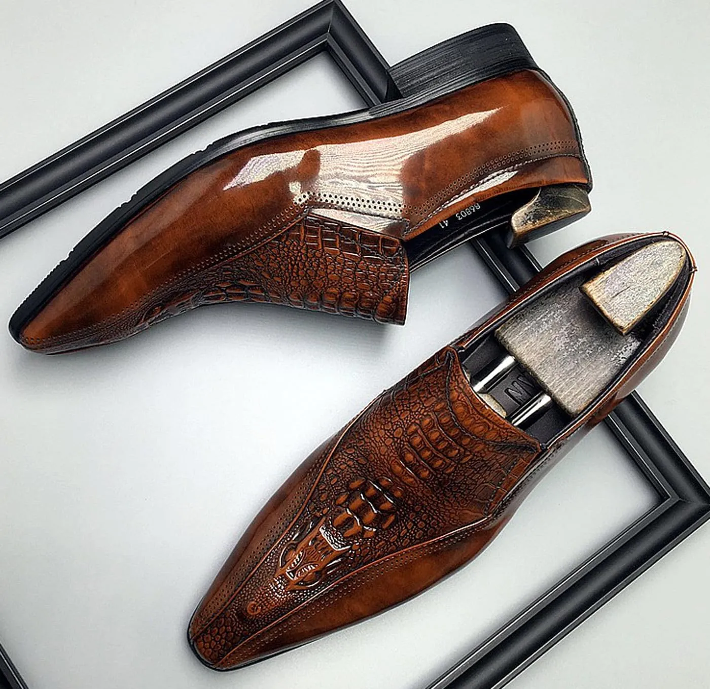 Santimon Mens Leather Slip-On Loafers | Pointed Toe Crocodile Texture Business Casual Dress Shoes| Breathable Comfort Office Penny Loafers