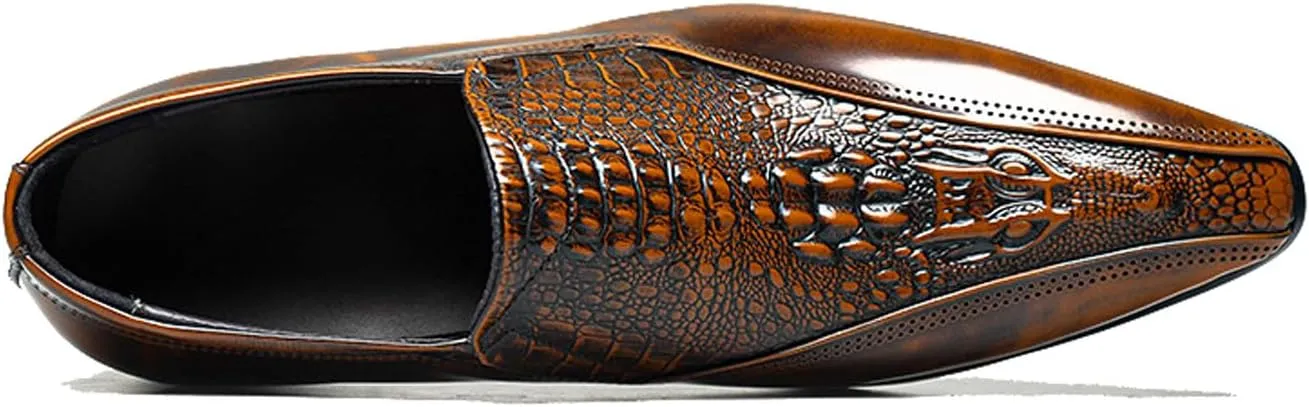 Santimon Mens Leather Slip-On Loafers | Pointed Toe Crocodile Texture Business Casual Dress Shoes| Breathable Comfort Office Penny Loafers