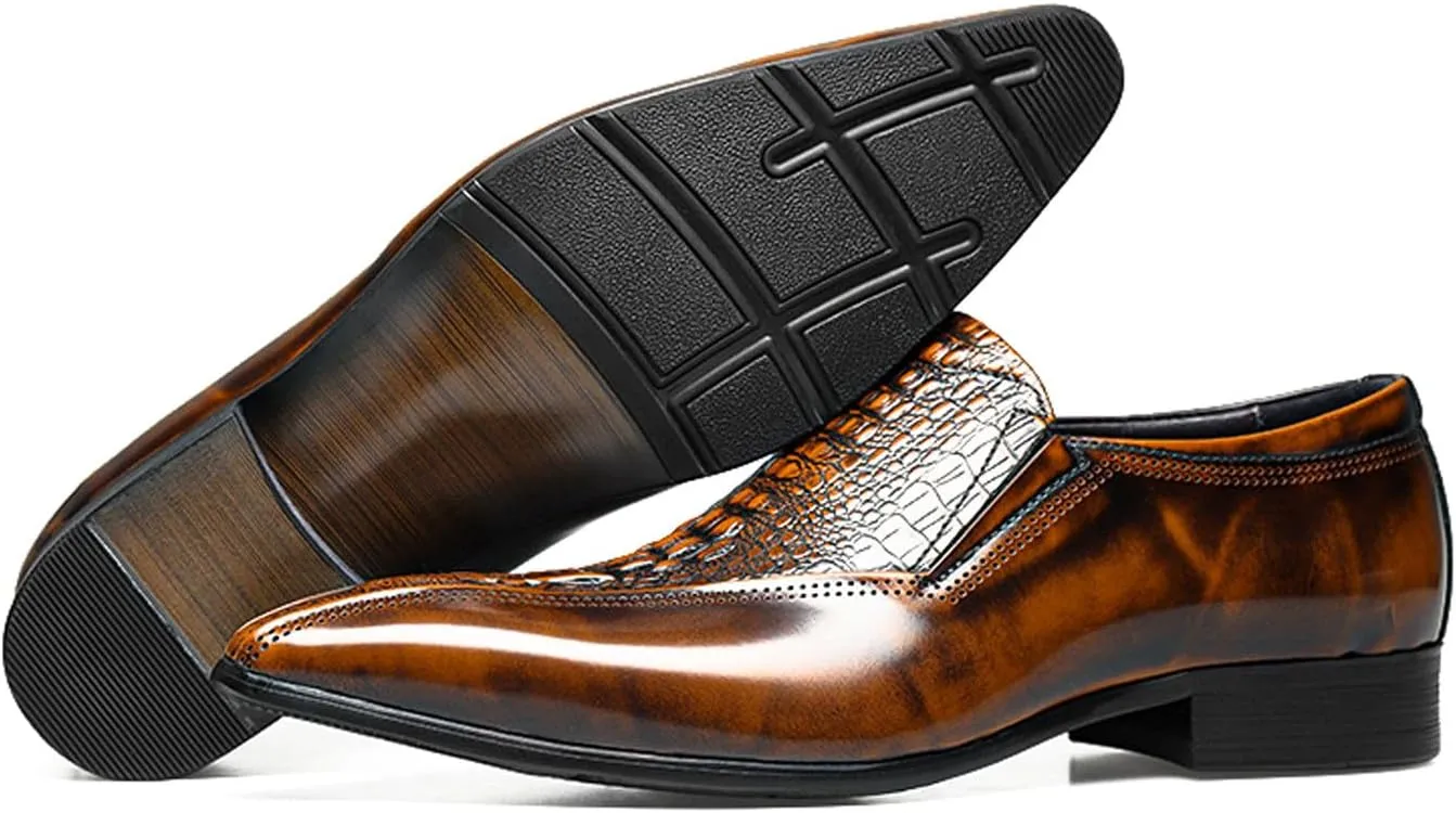 Santimon Mens Leather Slip-On Loafers | Pointed Toe Crocodile Texture Business Casual Dress Shoes| Breathable Comfort Office Penny Loafers