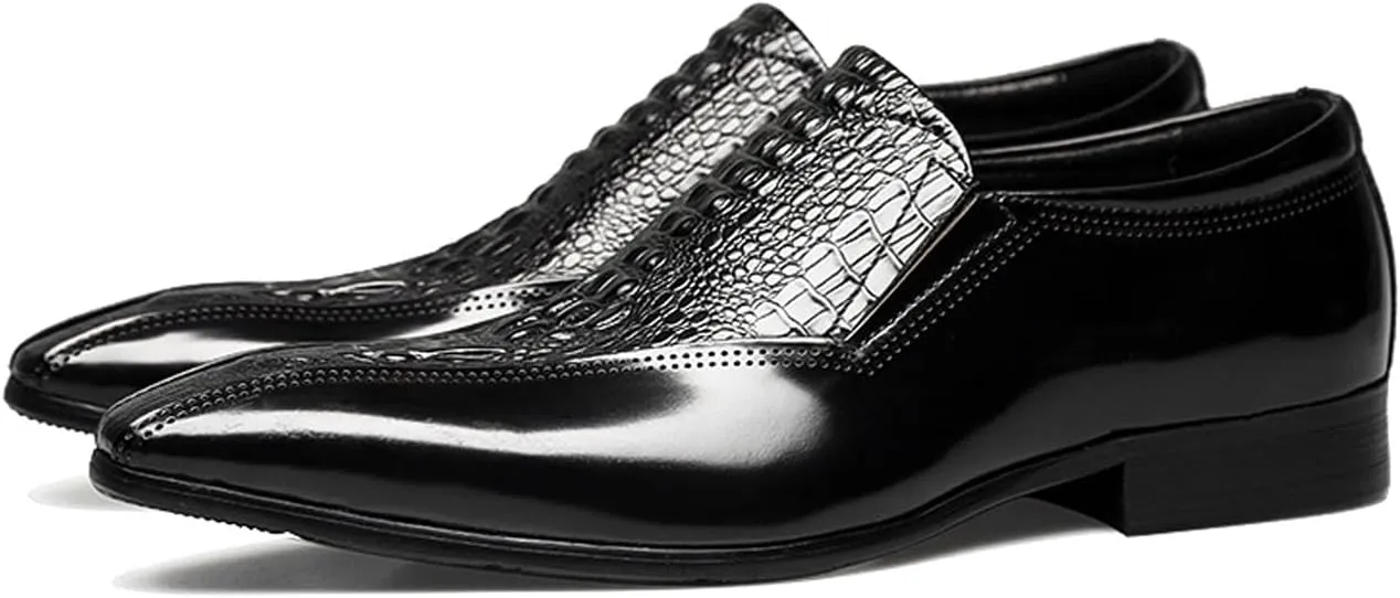 Santimon Mens Leather Slip-On Loafers | Pointed Toe Crocodile Texture Business Casual Dress Shoes| Breathable Comfort Office Penny Loafers