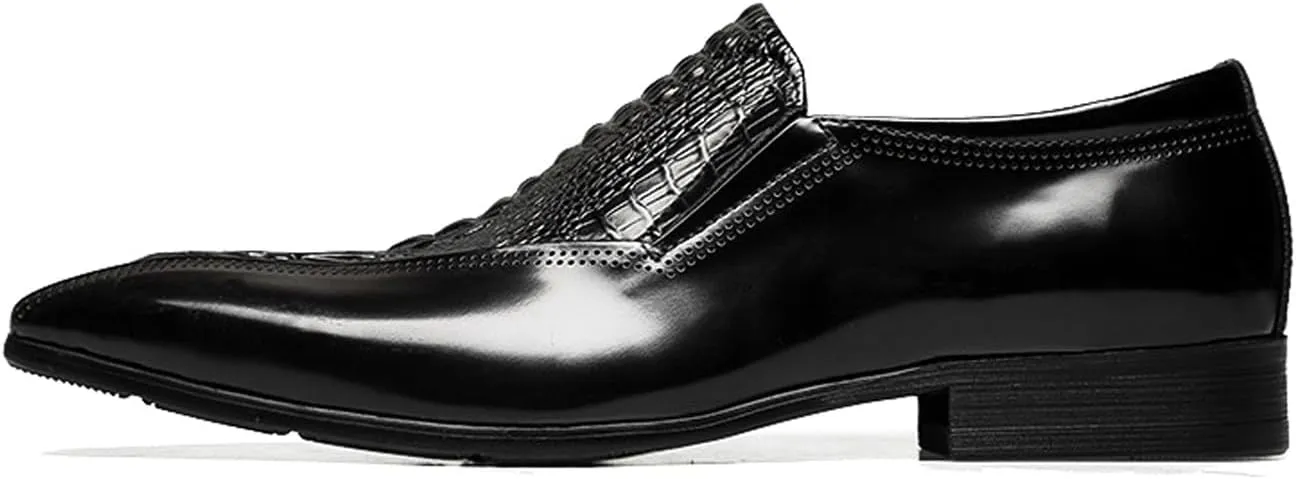 Santimon Mens Leather Slip-On Loafers | Pointed Toe Crocodile Texture Business Casual Dress Shoes| Breathable Comfort Office Penny Loafers