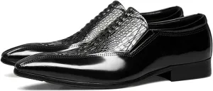 Santimon Mens Leather Slip-On Loafers | Pointed Toe Crocodile Texture Business Casual Dress Shoes| Breathable Comfort Office Penny Loafers