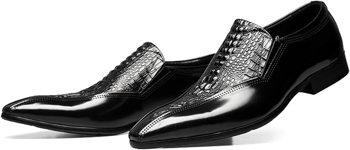 Santimon Mens Leather Slip-On Loafers | Pointed Toe Crocodile Texture Business Casual Dress Shoes| Breathable Comfort Office Penny Loafers