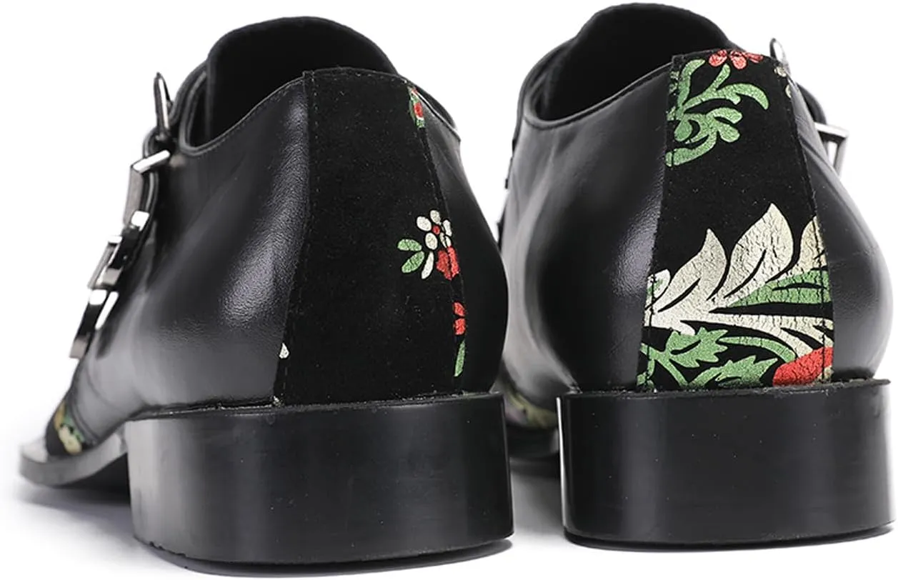 Santimon Men's Metal Tip Toe Loafers-Stylish Mens Dress Slip-Ons for Wedding, Party, Prom-Leather Casual Shoes with Double Buckle and Floral