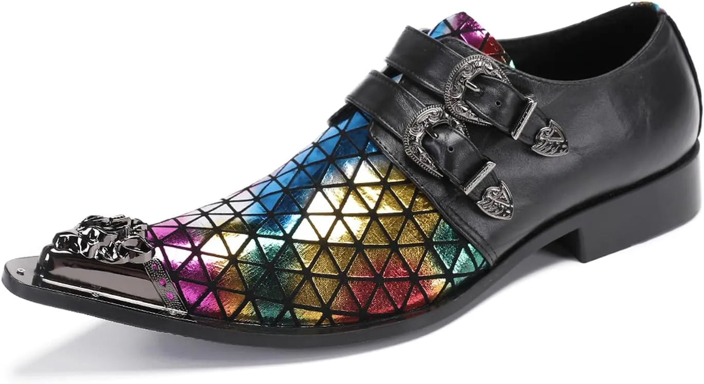 Santimon Men's Metal Tip Toe Loafers-Stylish Mens Dress Slip-Ons for Wedding, Party, Prom-Leather Casual Shoes with Double Buckle and Floral