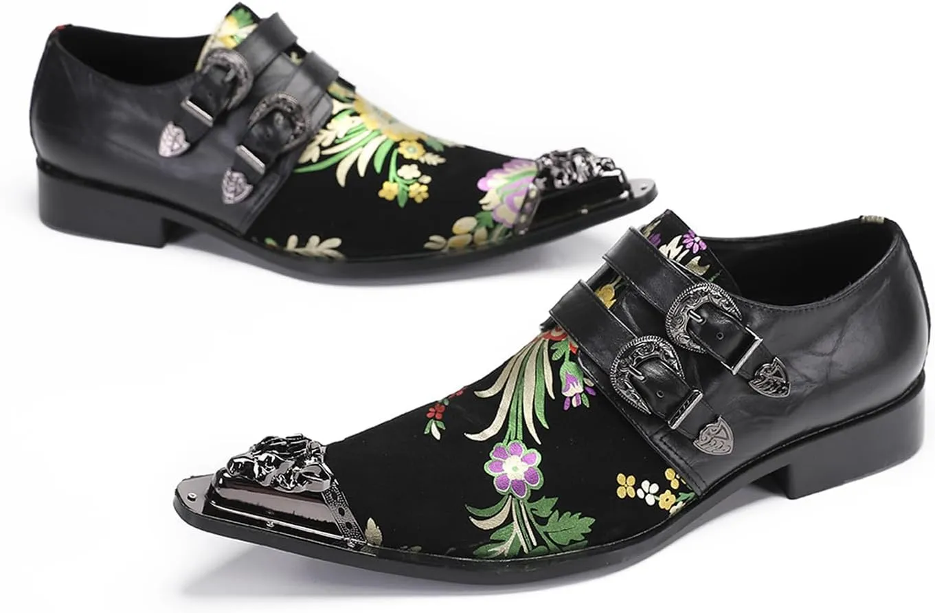 Santimon Men's Metal Tip Toe Loafers-Stylish Mens Dress Slip-Ons for Wedding, Party, Prom-Leather Casual Shoes with Double Buckle and Floral
