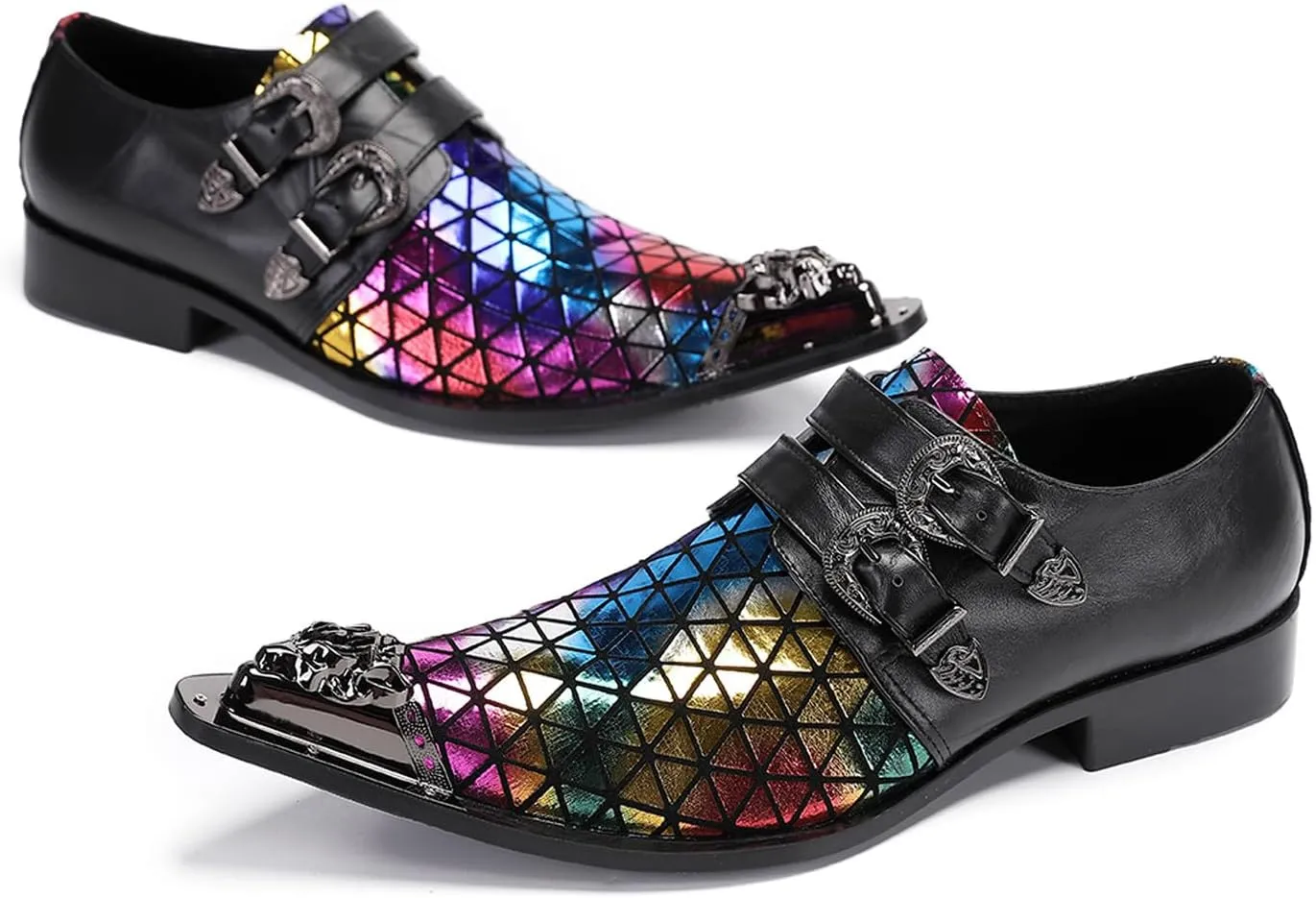 Santimon Men's Metal Tip Toe Loafers-Stylish Mens Dress Slip-Ons for Wedding, Party, Prom-Leather Casual Shoes with Double Buckle and Floral