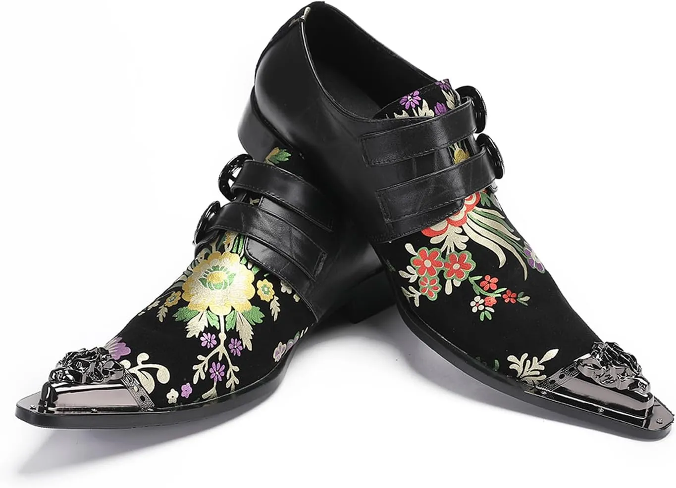 Santimon Men's Metal Tip Toe Loafers-Stylish Mens Dress Slip-Ons for Wedding, Party, Prom-Leather Casual Shoes with Double Buckle and Floral