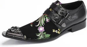 Santimon Men's Metal Tip Toe Loafers-Stylish Mens Dress Slip-Ons for Wedding, Party, Prom-Leather Casual Shoes with Double Buckle and Floral