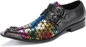 Santimon Men's Metal Tip Toe Loafers-Stylish Mens Dress Slip-Ons for Wedding, Party, Prom-Leather Casual Shoes with Double Buckle and Floral