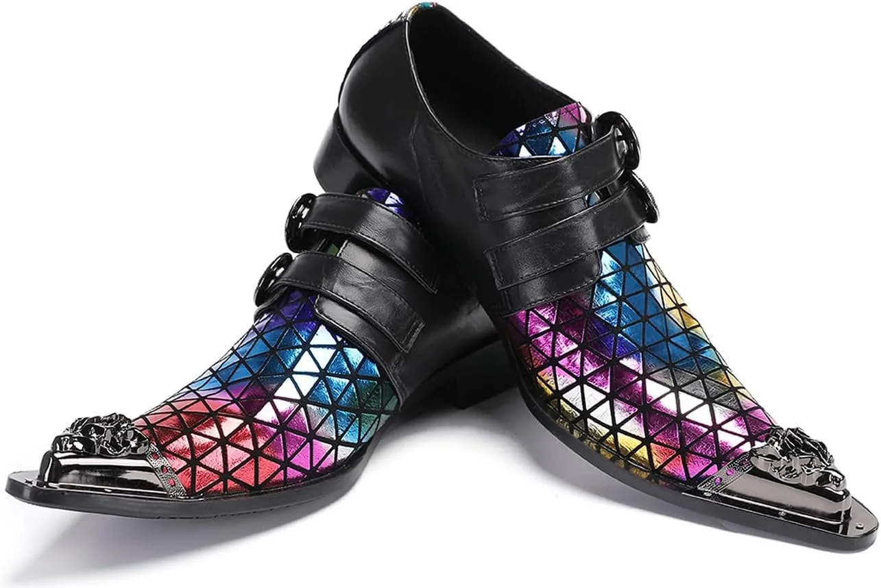 Santimon Men's Metal Tip Toe Loafers-Stylish Mens Dress Slip-Ons for Wedding, Party, Prom-Leather Casual Shoes with Double Buckle and Floral