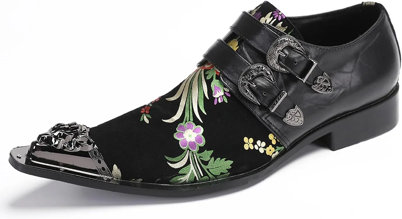 Santimon Men's Metal Tip Toe Loafers-Stylish Mens Dress Slip-Ons for Wedding, Party, Prom-Leather Casual Shoes with Double Buckle and Floral