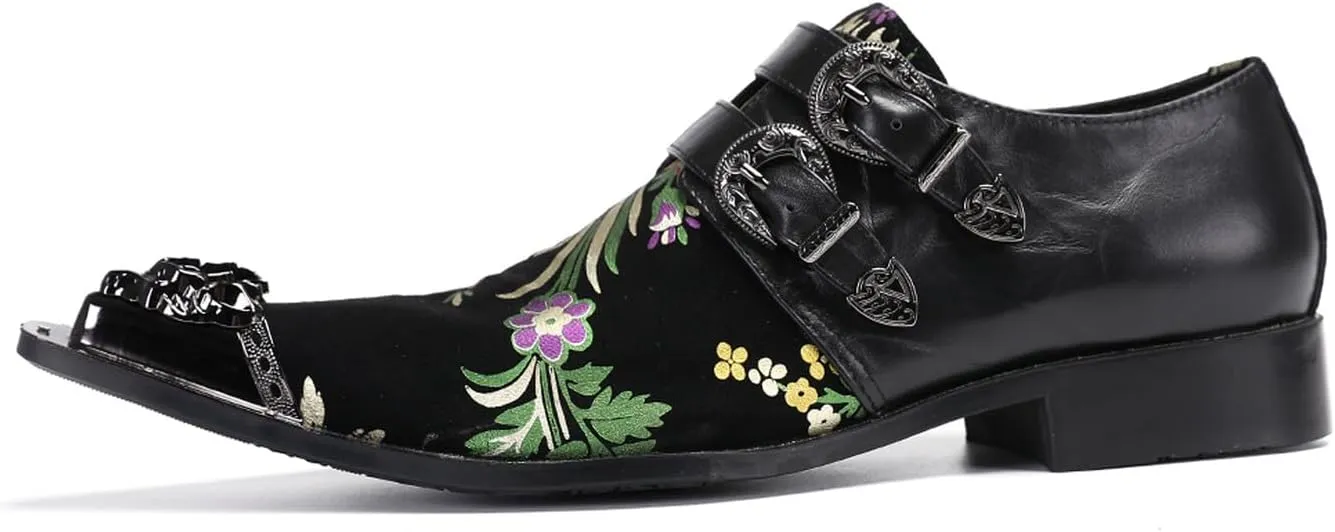 Santimon Men's Metal Tip Toe Loafers-Stylish Mens Dress Slip-Ons for Wedding, Party, Prom-Leather Casual Shoes with Double Buckle and Floral