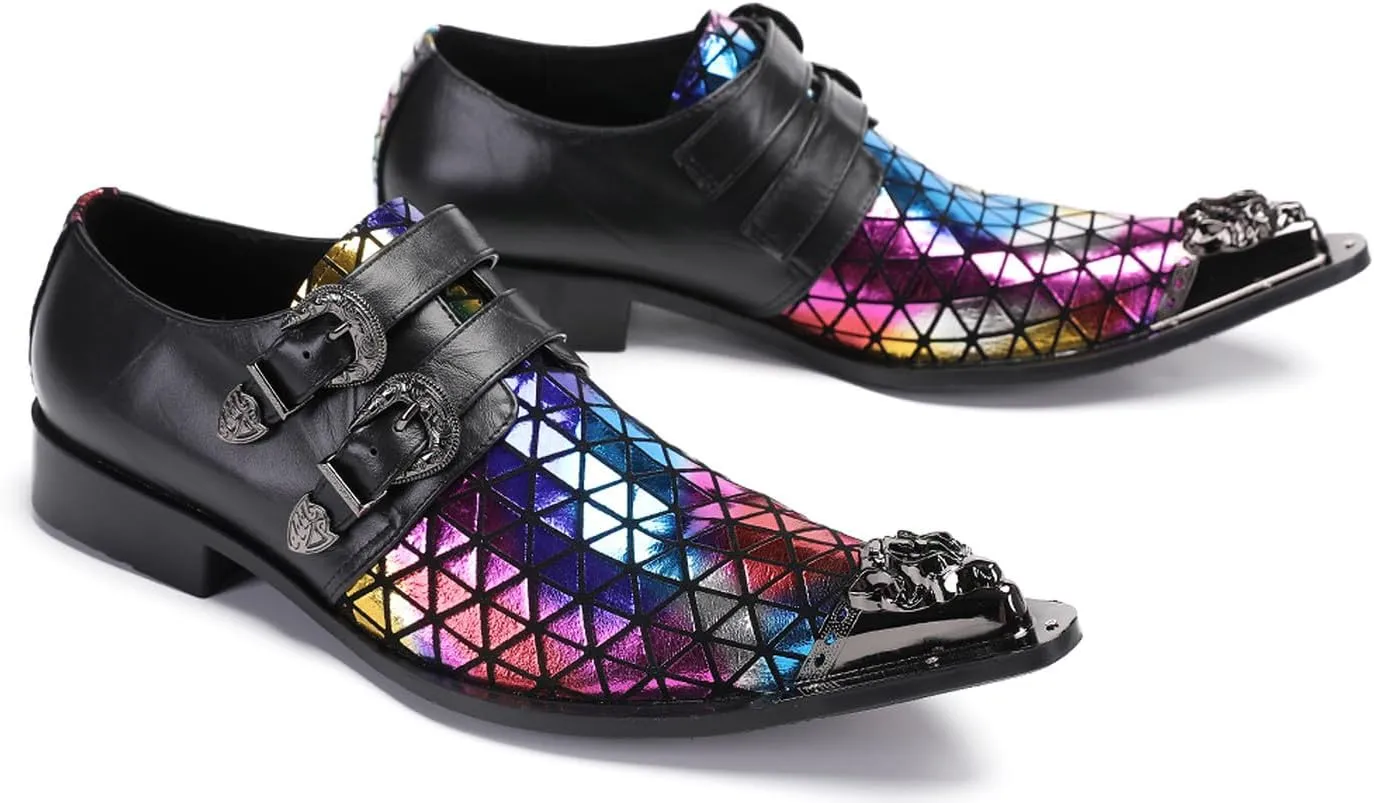 Santimon Men's Metal Tip Toe Loafers-Stylish Mens Dress Slip-Ons for Wedding, Party, Prom-Leather Casual Shoes with Double Buckle and Floral