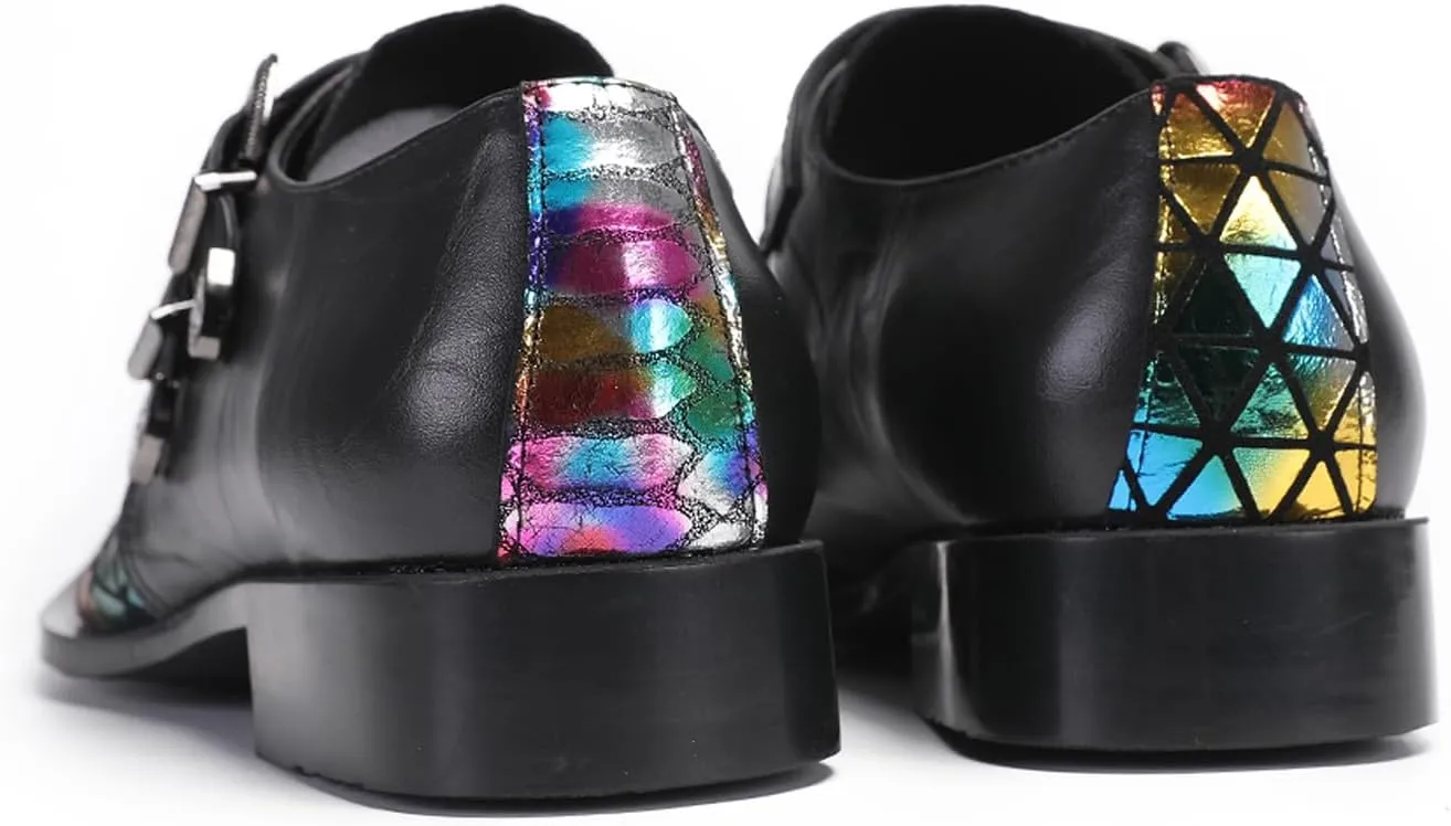 Santimon Men's Metal Tip Toe Loafers-Stylish Mens Dress Slip-Ons for Wedding, Party, Prom-Leather Casual Shoes with Double Buckle and Floral