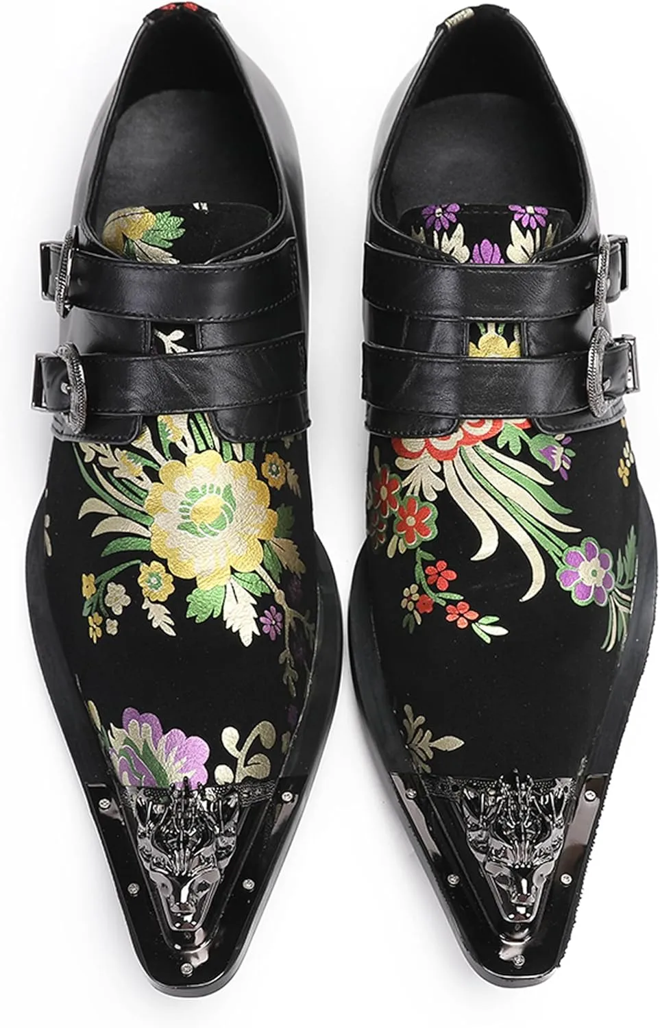 Santimon Men's Metal Tip Toe Loafers-Stylish Mens Dress Slip-Ons for Wedding, Party, Prom-Leather Casual Shoes with Double Buckle and Floral