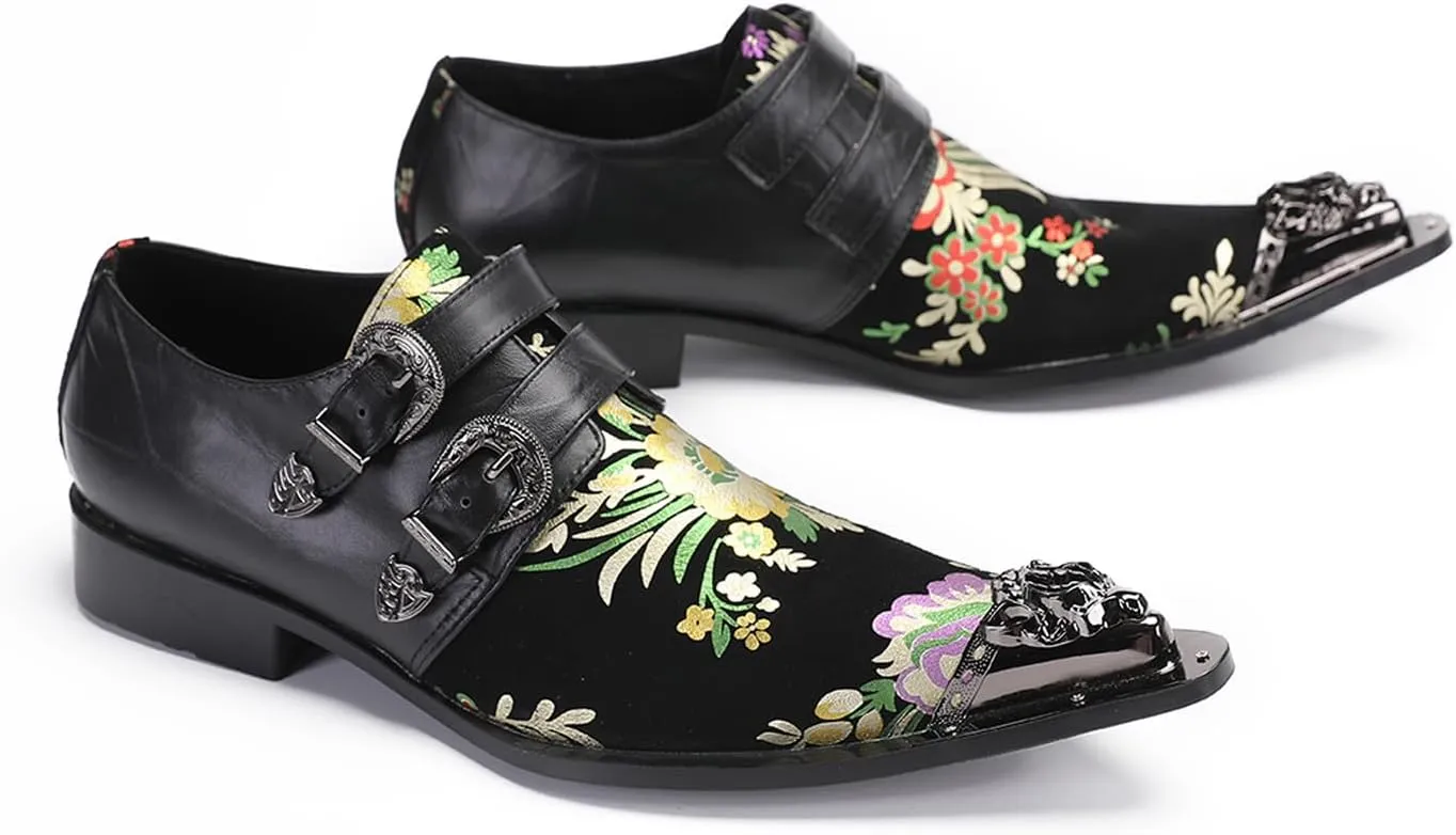 Santimon Men's Metal Tip Toe Loafers-Stylish Mens Dress Slip-Ons for Wedding, Party, Prom-Leather Casual Shoes with Double Buckle and Floral
