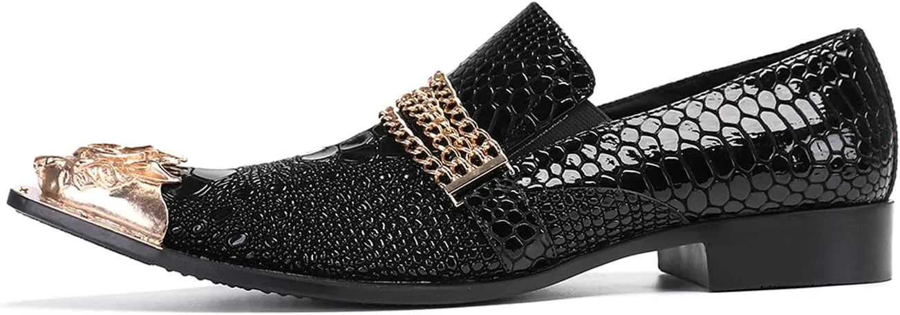 Santimon Men's Metal-Toe Slip On Loafers with Beadwork | Genuine Leather Penny Loafers for Wedding/Disco/Rock Events | Dress Shoes for Casual & Party Outfits Black