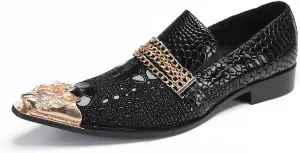 Santimon Men's Metal-Toe Slip On Loafers with Beadwork | Genuine Leather Penny Loafers for Wedding/Disco/Rock Events | Dress Shoes for Casual & Party Outfits Black