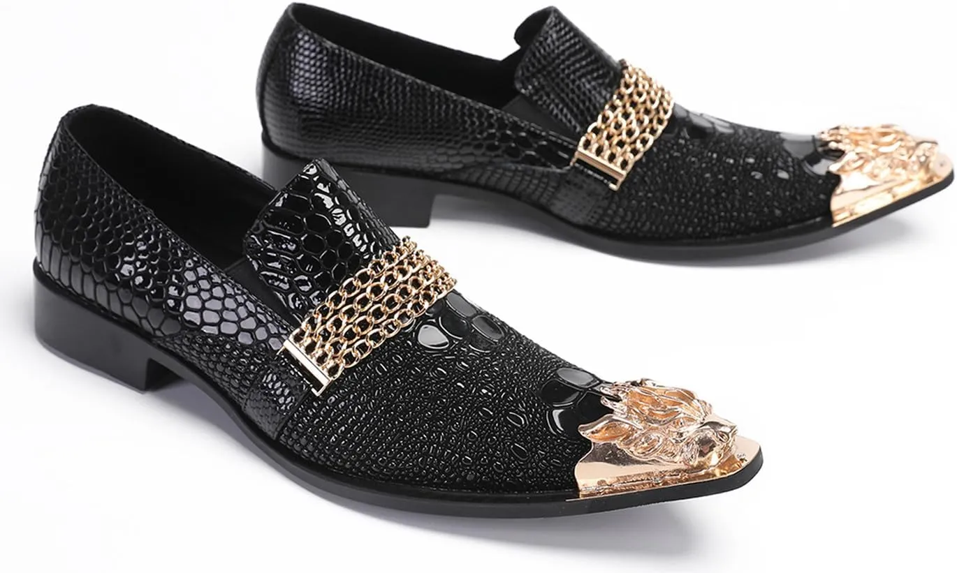 Santimon Men's Metal-Toe Slip On Loafers with Beadwork | Genuine Leather Penny Loafers for Wedding/Disco/Rock Events | Dress Shoes for Casual & Party Outfits Black