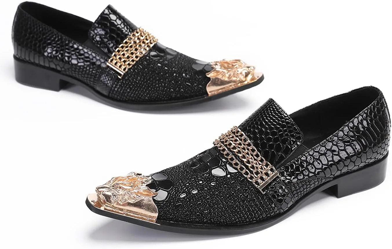 Santimon Men's Metal-Toe Slip On Loafers with Beadwork | Genuine Leather Penny Loafers for Wedding/Disco/Rock Events | Dress Shoes for Casual & Party Outfits Black