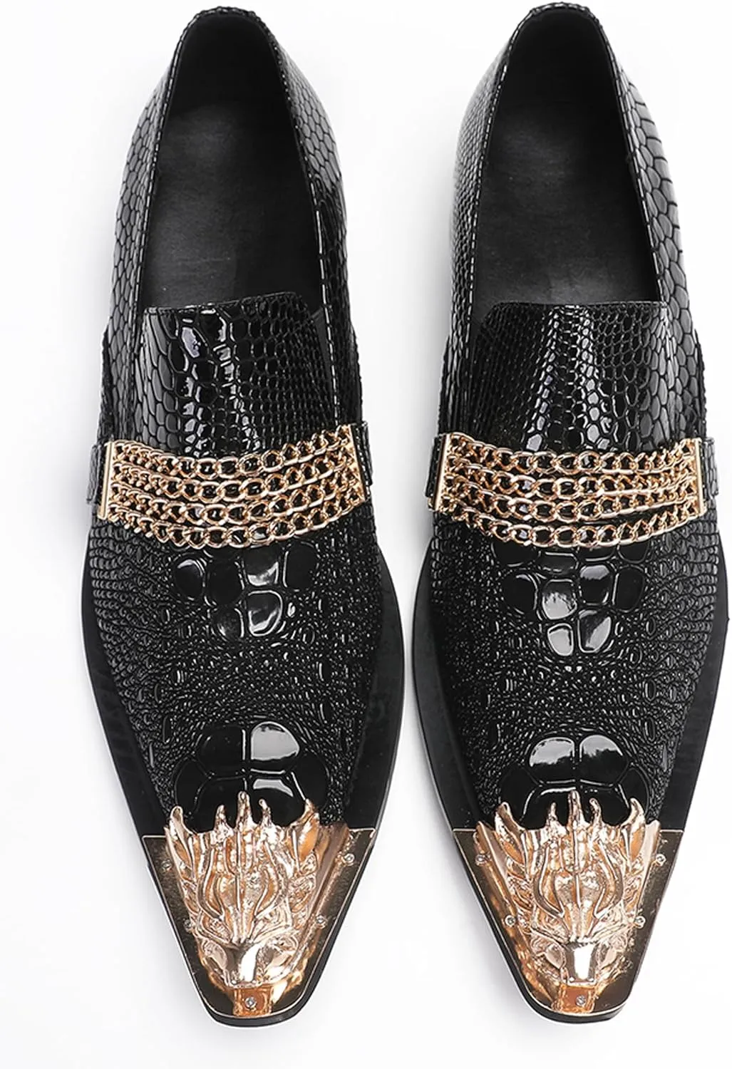 Santimon Men's Metal-Toe Slip On Loafers with Beadwork | Genuine Leather Penny Loafers for Wedding/Disco/Rock Events | Dress Shoes for Casual & Party Outfits Black