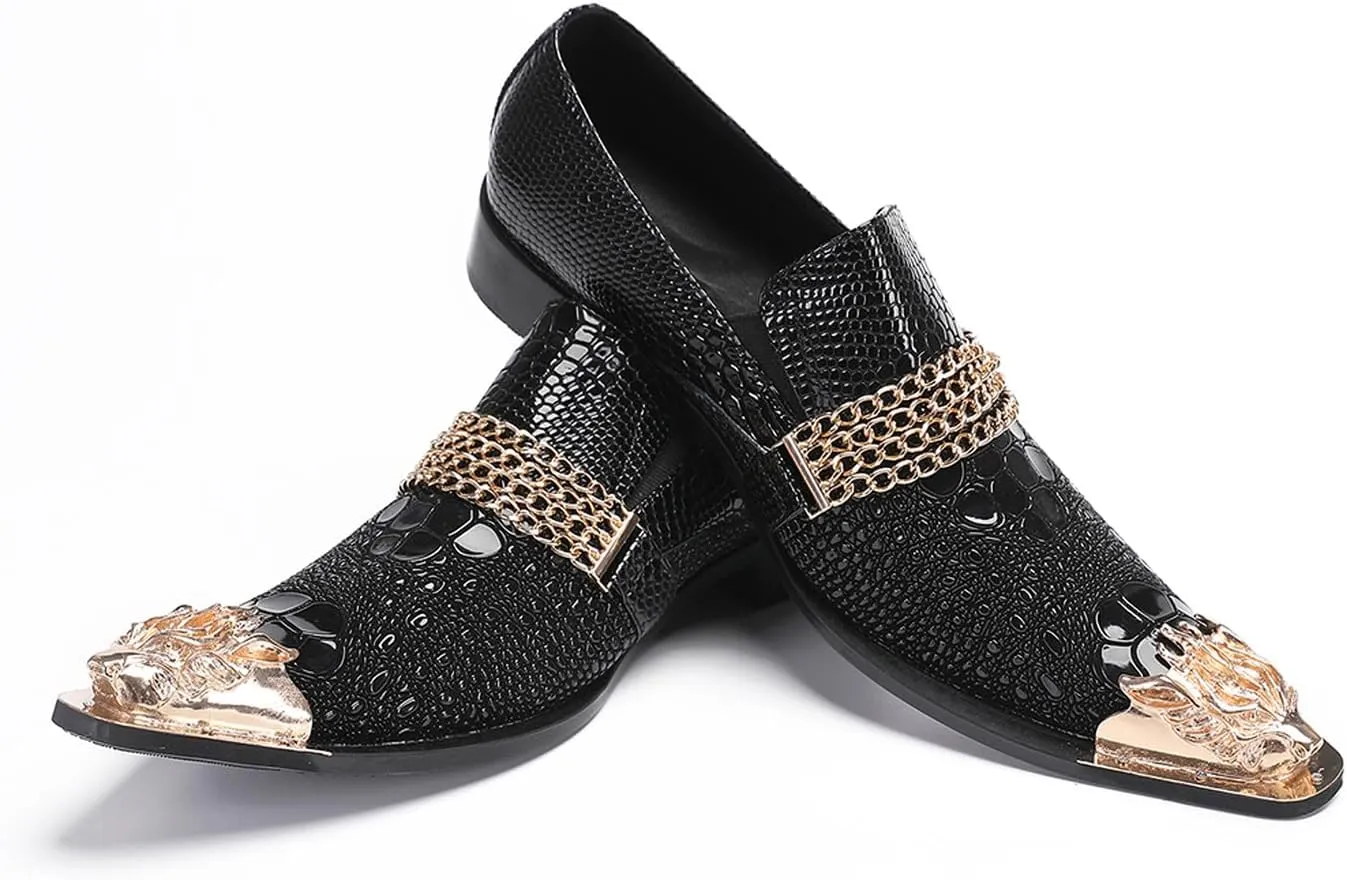 Santimon Men's Metal-Toe Slip On Loafers with Beadwork | Genuine Leather Penny Loafers for Wedding/Disco/Rock Events | Dress Shoes for Casual & Party Outfits Black