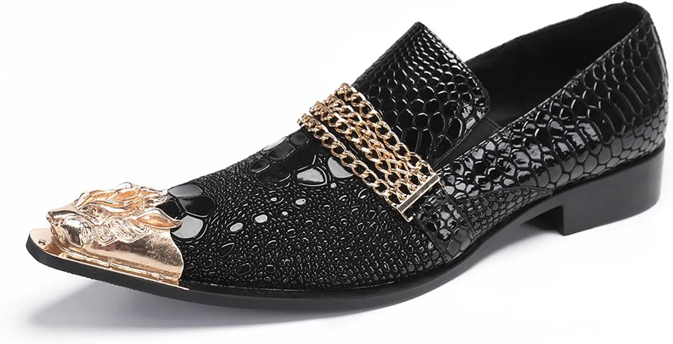 Santimon Men's Metal-Toe Slip On Loafers with Beadwork | Genuine Leather Penny Loafers for Wedding/Disco/Rock Events | Dress Shoes for Casual & Party Outfits Black