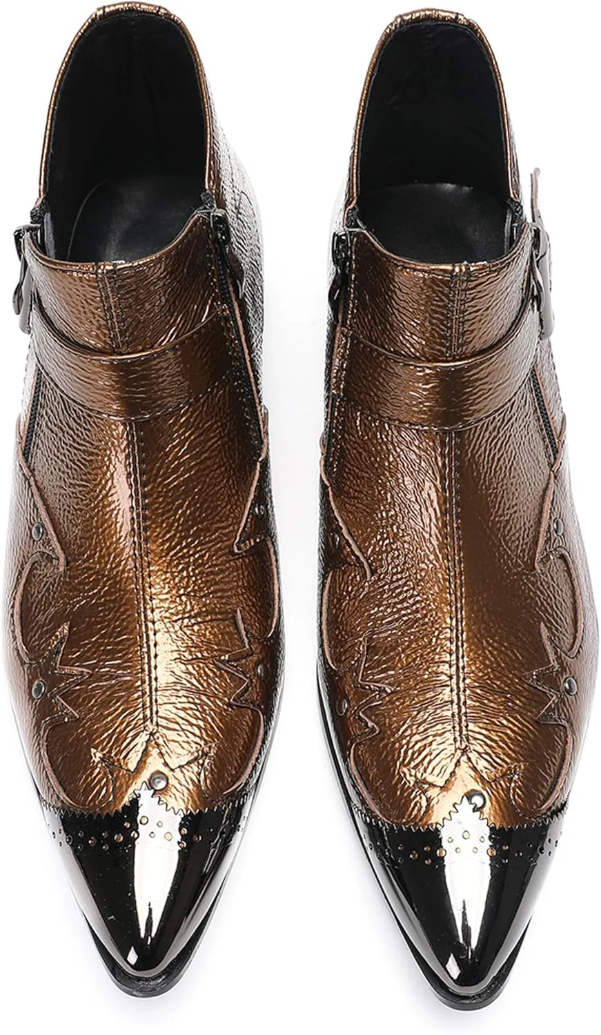 Santimon Men's Metallic Buckle Dress Chelsea Boots – Shiny Metal Pointed Toe Dress Ankle Boots with Side Zipper & Textured Leather Finish – Fashion Cowboy Boots for Party, Stage, Club