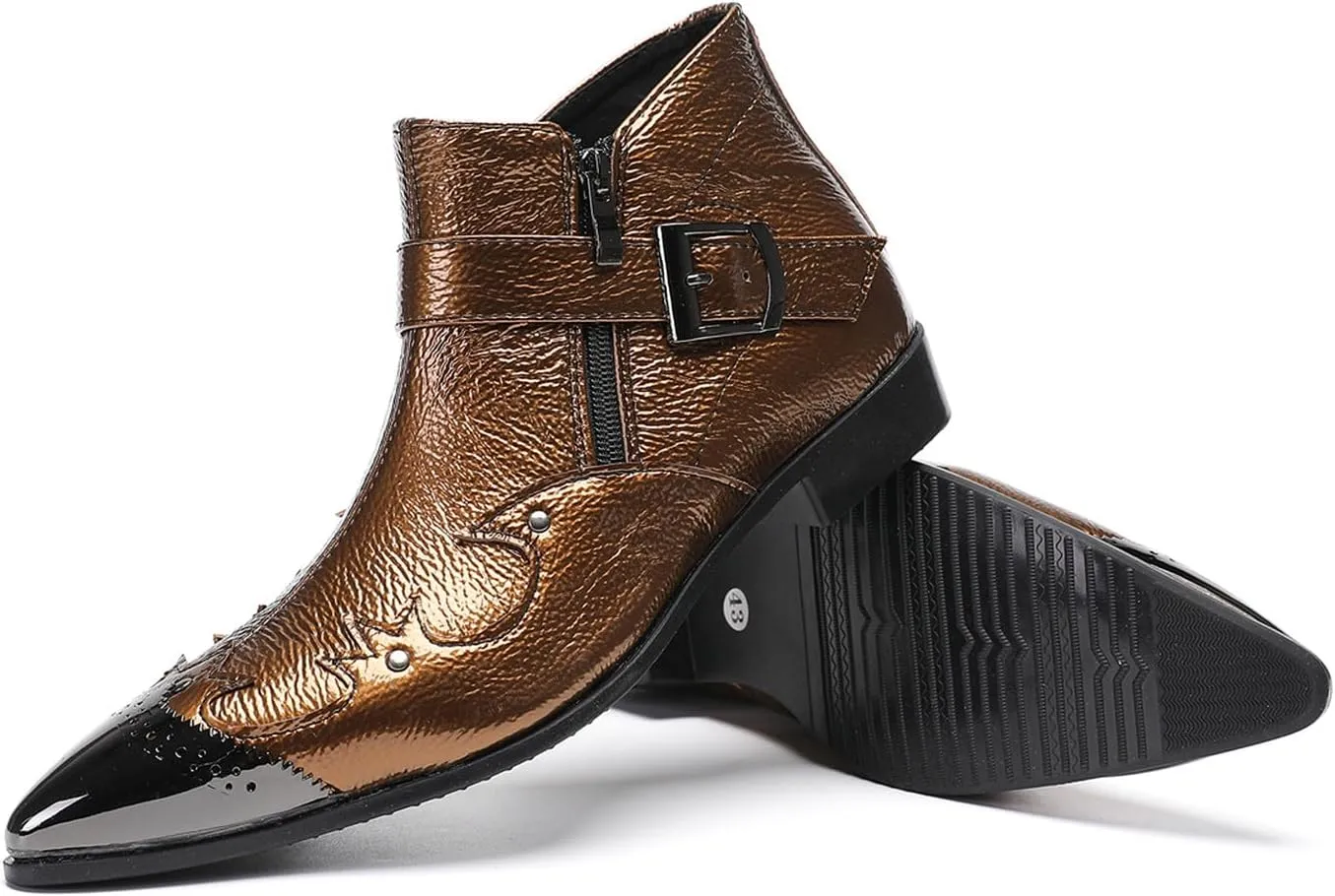 Santimon Men's Metallic Buckle Dress Chelsea Boots – Shiny Metal Pointed Toe Dress Ankle Boots with Side Zipper & Textured Leather Finish – Fashion Cowboy Boots for Party, Stage, Club