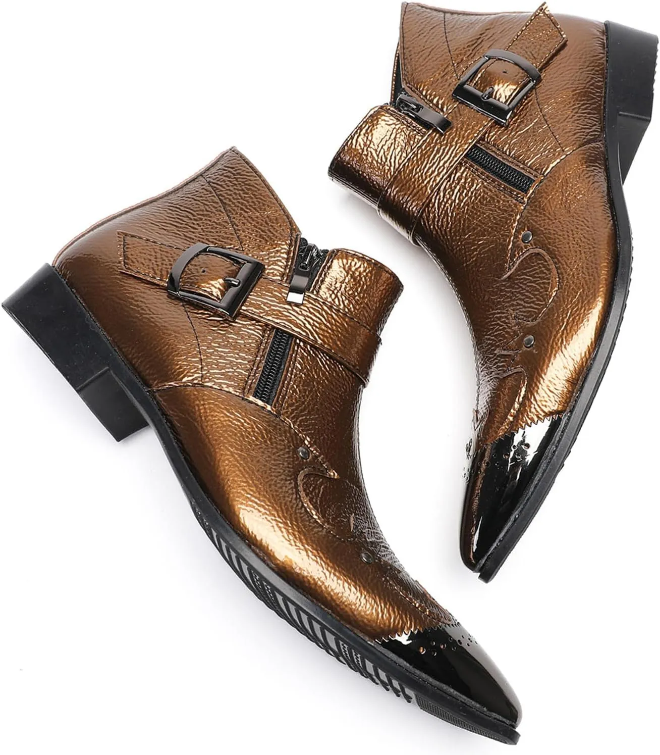 Santimon Men's Metallic Buckle Dress Chelsea Boots – Shiny Metal Pointed Toe Dress Ankle Boots with Side Zipper & Textured Leather Finish – Fashion Cowboy Boots for Party, Stage, Club