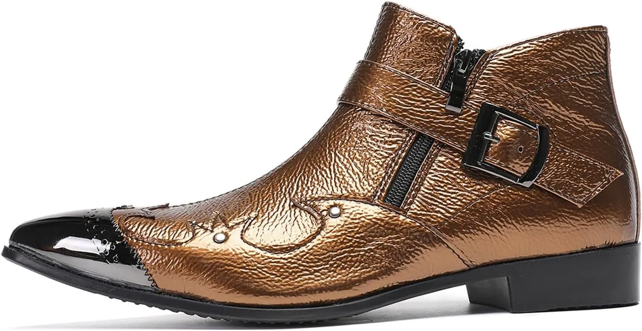 Santimon Men's Metallic Buckle Dress Chelsea Boots – Shiny Metal Pointed Toe Dress Ankle Boots with Side Zipper & Textured Leather Finish – Fashion Cowboy Boots for Party, Stage, Club