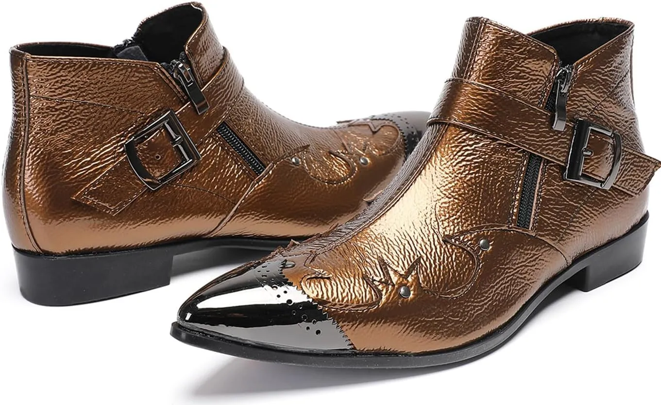 Santimon Men's Metallic Buckle Dress Chelsea Boots – Shiny Metal Pointed Toe Dress Ankle Boots with Side Zipper & Textured Leather Finish – Fashion Cowboy Boots for Party, Stage, Club