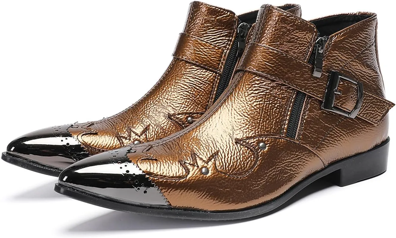 Santimon Men's Metallic Buckle Dress Chelsea Boots – Shiny Metal Pointed Toe Dress Ankle Boots with Side Zipper & Textured Leather Finish – Fashion Cowboy Boots for Party, Stage, Club