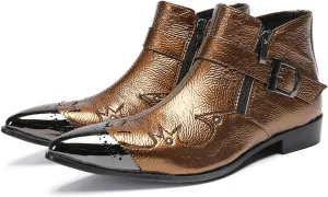 Santimon Men's Metallic Buckle Dress Chelsea Boots – Shiny Metal Pointed Toe Dress Ankle Boots with Side Zipper & Textured Leather Finish – Fashion Cowboy Boots for Party, Stage, Club