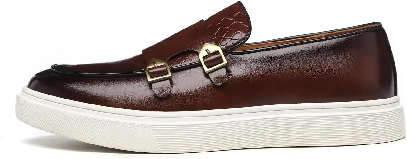Santimon Men's Monk Strap Buckle Loafers Slip-on Flat Chunky Sole Casual Dress Shoes