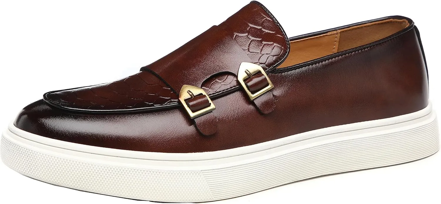 Santimon Men's Monk Strap Buckle Loafers Slip-on Flat Chunky Sole Casual Dress Shoes