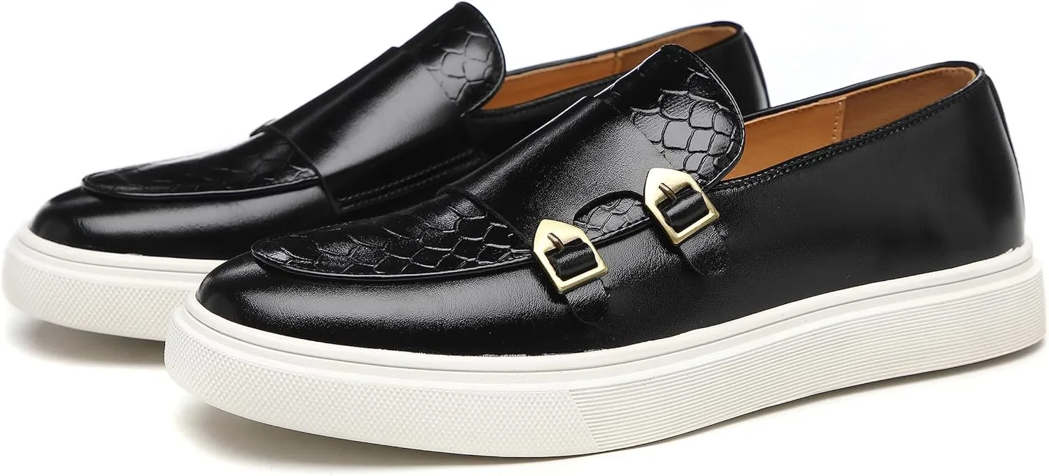 Santimon Men's Monk Strap Buckle Loafers Slip-on Flat Chunky Sole Casual Dress Shoes