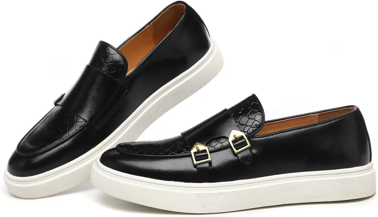 Santimon Men's Monk Strap Buckle Loafers Slip-on Flat Chunky Sole Casual Dress Shoes
