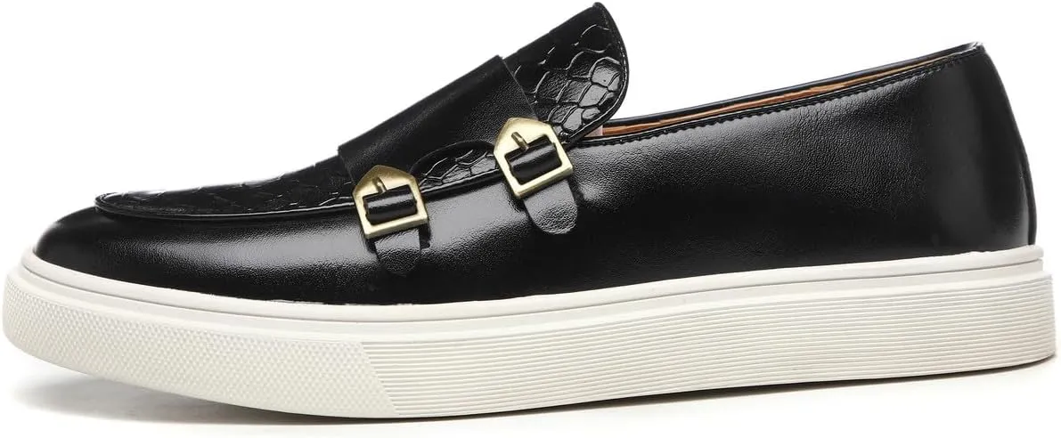 Santimon Men's Monk Strap Buckle Loafers Slip-on Flat Chunky Sole Casual Dress Shoes