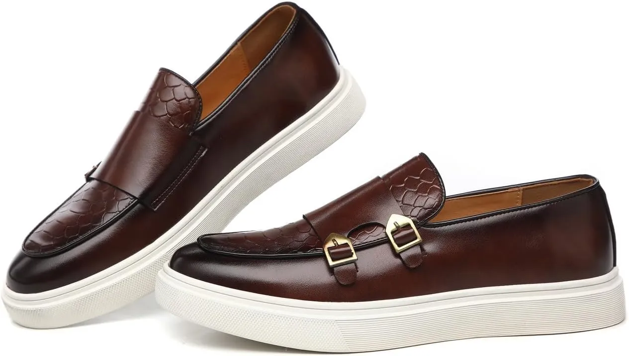 Santimon Men's Monk Strap Buckle Loafers Slip-on Flat Chunky Sole Casual Dress Shoes
